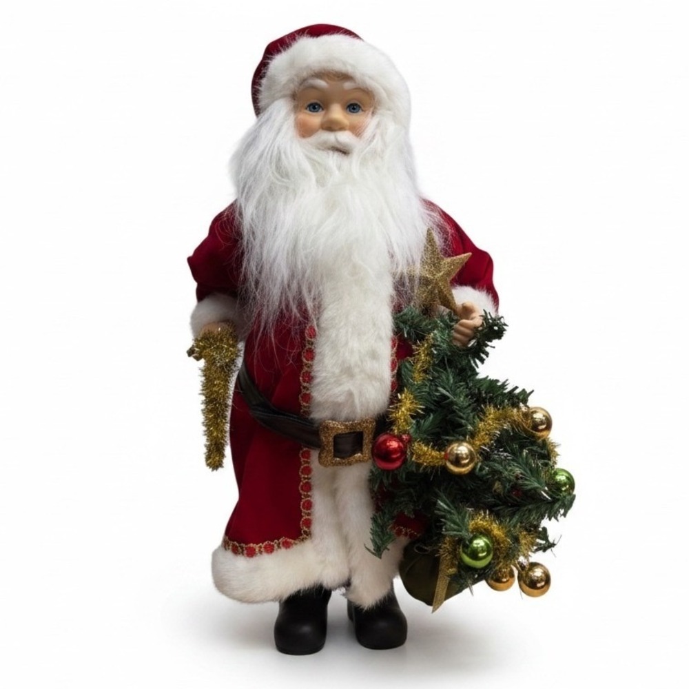 Vintage Standing Santa Claus Doll Figurine Velvet Coat Christmas Tree Festive